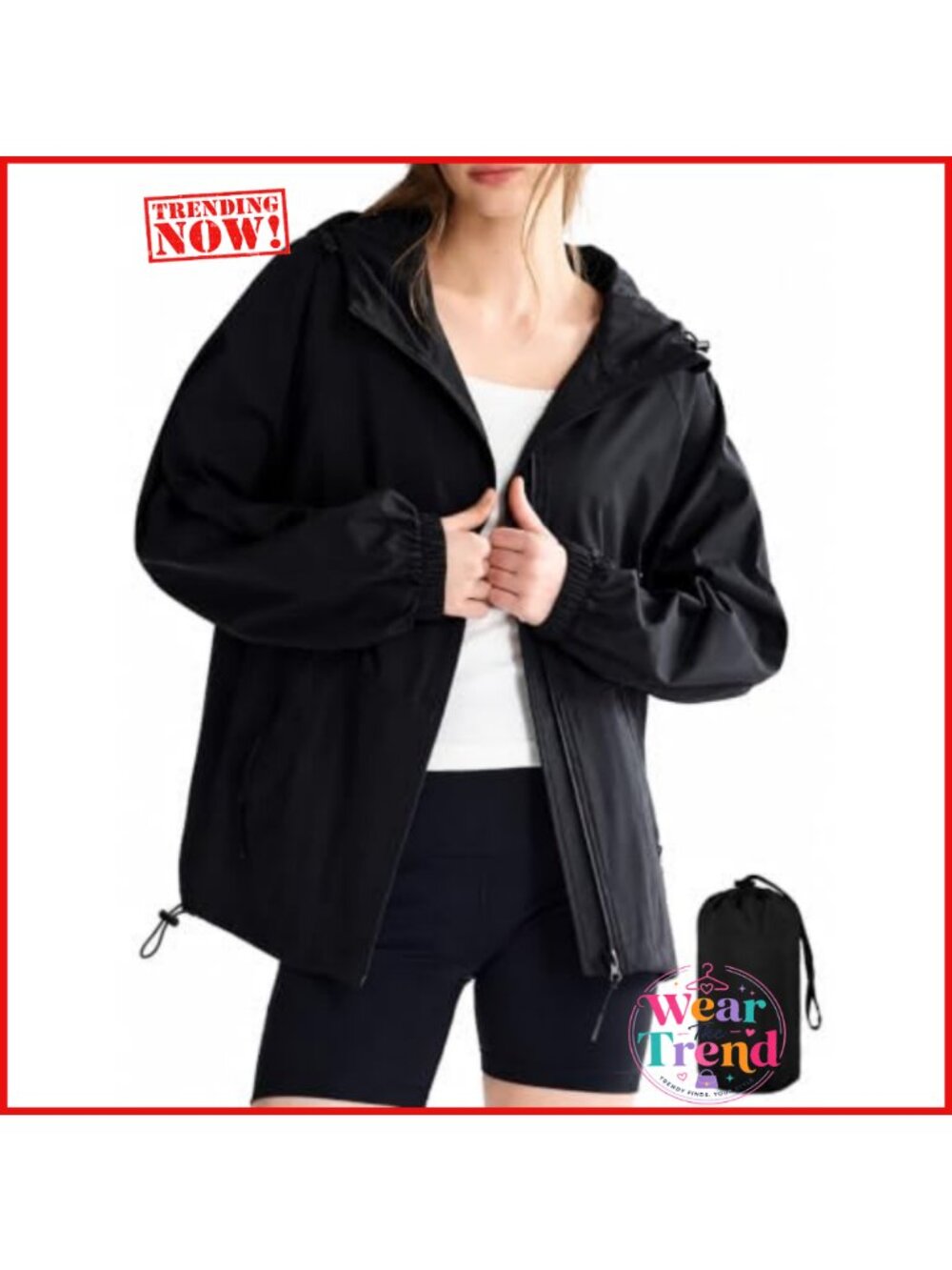Women's Waterproof Packable Zip Up Rain Jacket with Hood Polyester